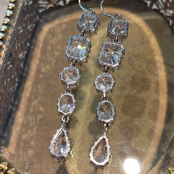 Kenneth Jay Lane Silver Drop Earrings with Sparkling Cz Crystals - Picture 3 of 8